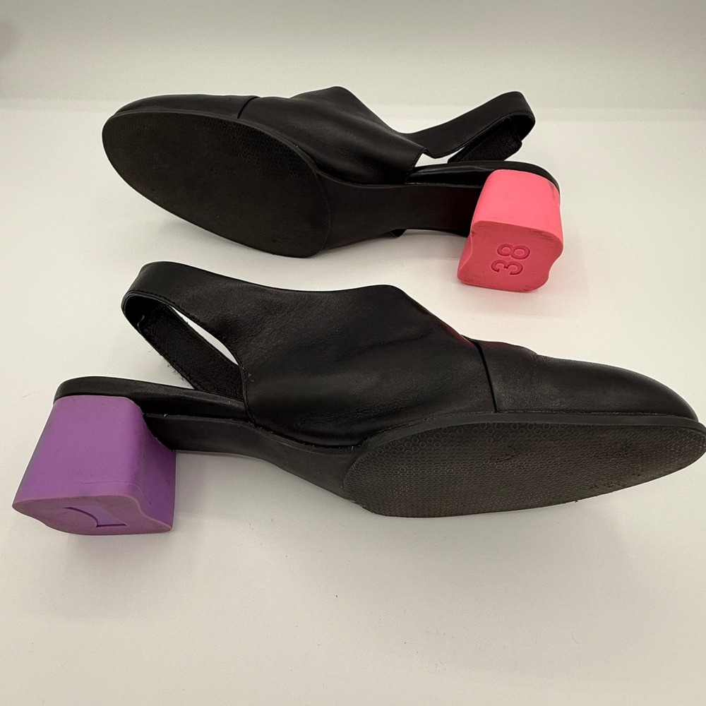 Vintage Camper Twins Black Leather Slingback Mismatched Pink Purple Heels 38 Y2K